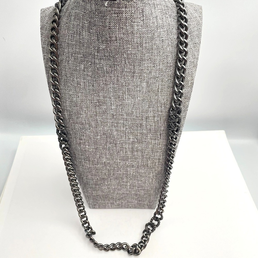 Vintage 90s Y2K Gunmetal Curb Chain Necklace Long Black Rhinestone Boho Jewelry